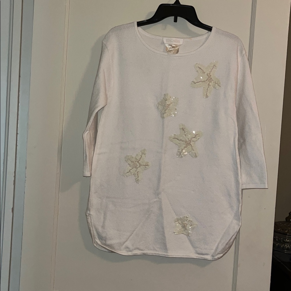 Escada Vintage White Tunic Top with Sequin Stars